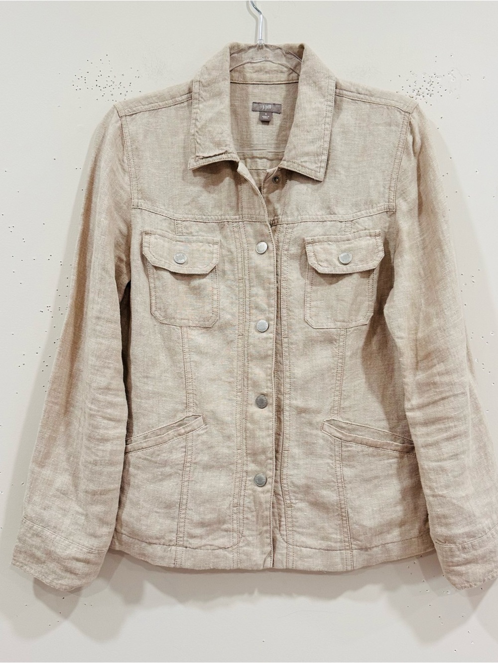 J.Jill 100% Linen Trucker Jacket Beige Tan Size S Small Snap Front Lightweight
